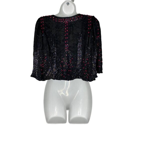 Topshop Womens Cropped Jacket Black Open Front Embellished 100% Viscose SZ 2 - Picture 2 of 7